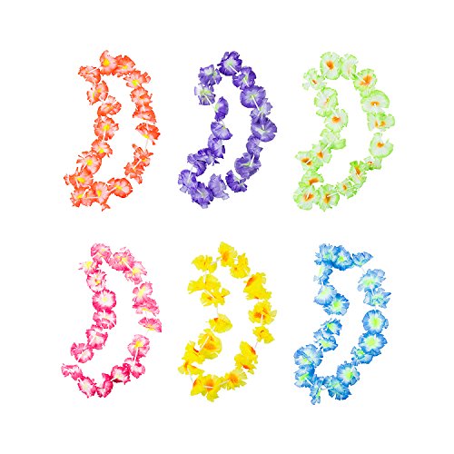 Giant Hawaiian Ruffled Simulated Colorful Luau Silk Flower Leis Jumbo Necklaces for Tropical Island Beach Theme Party Event, Birthday Supplies, Costume (12 Pack)