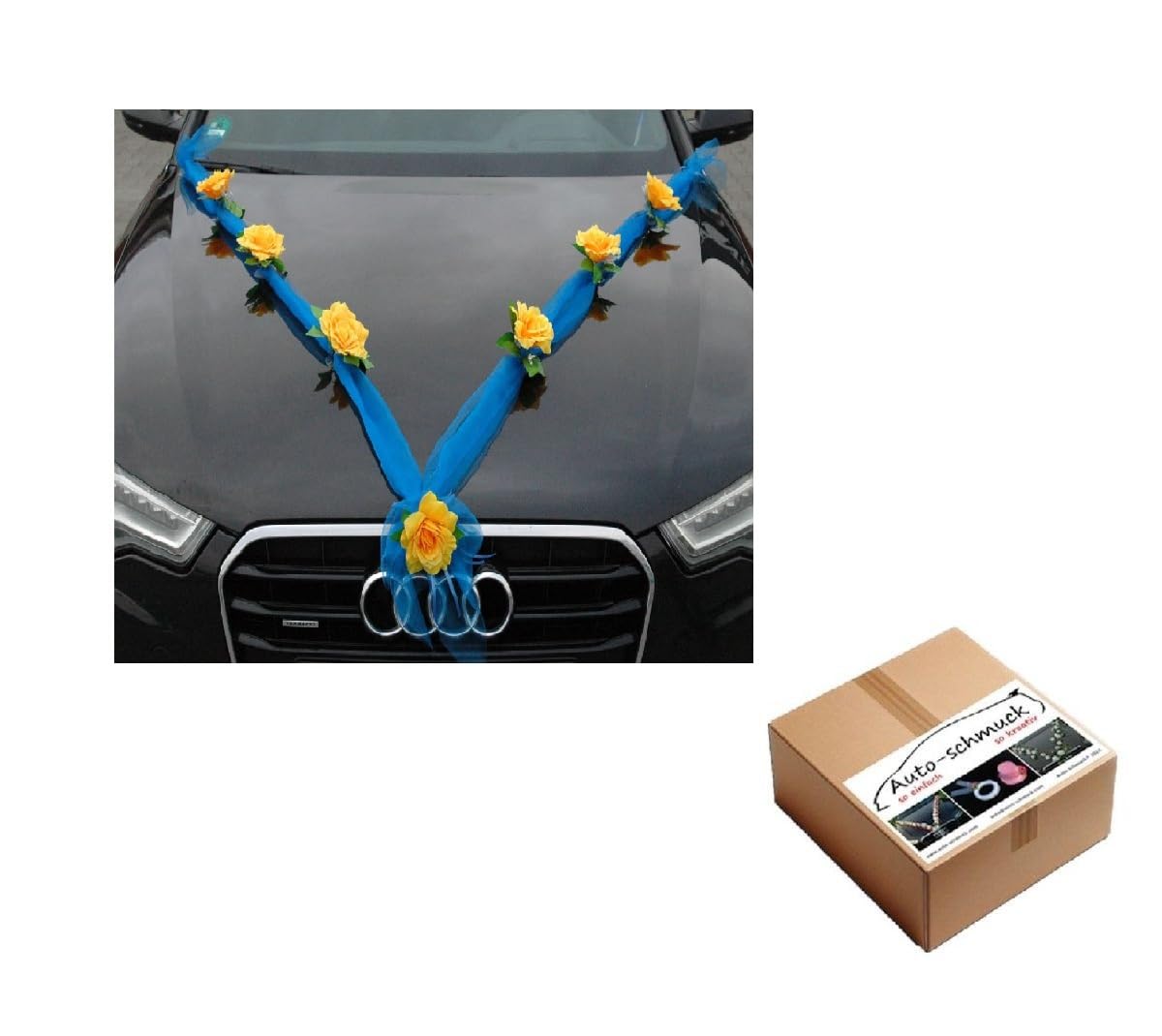 Organza M Auto Schmuck Braut Paar Rose Deko Dekoration Autoschmuck Hochzeit Auto Wedding Deko (Gelb/Blau)