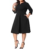 Agnes Orinda Plus Size Dress for Women Casual Wedding Guest Work Midi Notched V Neck 3/4 Sleeve A-Line Dresses