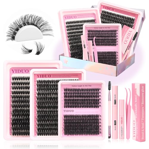 YIDUO Lash Clusters Kit with 2X Bond&Seal 3 Styles 760Pcs Clusters Lashes Extension Volume Soft Eyelash Extension Kit 80D+100D D Curl Wispy Natural DIY Individual Lash Clusters Kit Box for Beginners