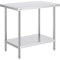 VEVOR Stainless Steel Prep Table, 24 x 36 x 34 Inch, Heavy Duty Metal Worktable with 3 Adjustable Height Levels, Commercial W