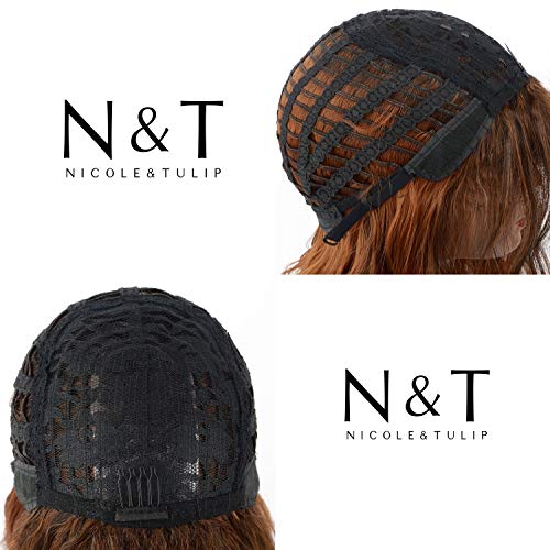 Short Wavy Bob Curly Wig With Bangs Mixed Brown Color For Women Shoulder Length Syntheic Hair Heat Resistant Fiber Hair for Women(14 inch)