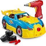 Self-Assemble 30-Piece Racing Kids Car Toy, Sounds Lights - Includes Mini Power Drill and Screws by Toydaloo