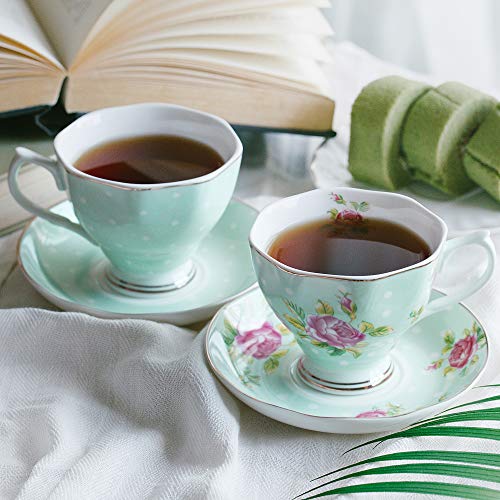 BTäT Floral Tea Cups and Saucers, Set of 8 (8 oz) Multicolor with