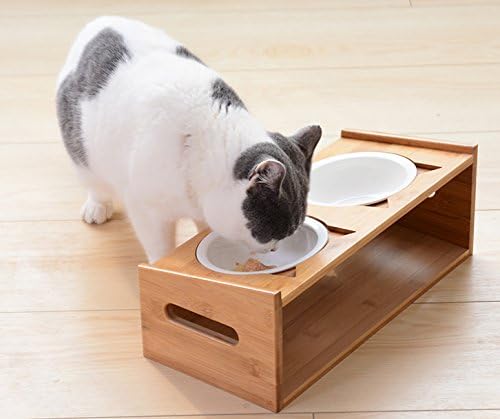 Lepet Elevated Dog Cat Bowls, Raised Pet Feeder Solid Bamboo Stand Perfect for Cats and Small Dogs (4 Bowls Incline)