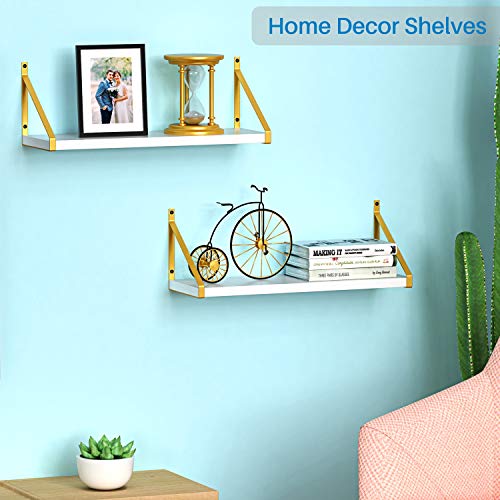 STORAGEGEAR White Floating Shelves with Modern Stylish Golden Metal