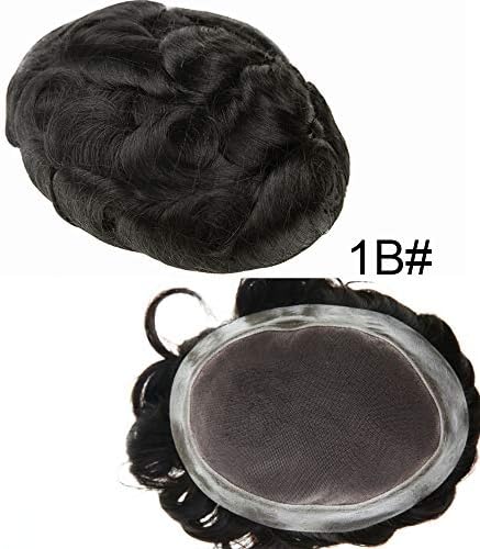 LHC USA Fine Mono Good Quality Mens Toupee Poly Around Hairpieces Durable Wig Breathable Hair Black Hair Replacements Natural Hairline Systems (8"6", 1B# Off Black,130% Medium Density)