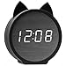 Three BY Digital Alarm Clock,3 Alarm Settings Wooden Electronic LED Display Snooze Time Temperature USB Charging with Voice Control for Bedroom,Bedside Kids,Office-Black (Cat)