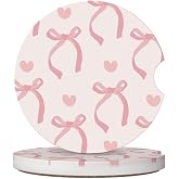 Pink Bow Love Heart Car Cup Holder Coaster 2 Pack Absorbent Ceramic Car Coasters for Cup Holders Car Accessories Interior for Women Men Universal Anti Slip Cork Base Cup Coasters with Finger Notch