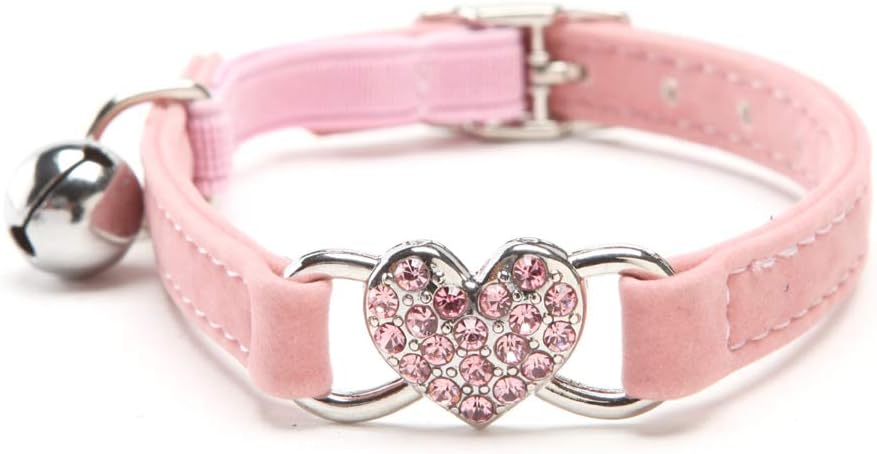 Runfon Adjustable Pet Collar Fancy Love Heart Rhinestones Velvet Pet Collar Choker with Bell Pendant Light Pink