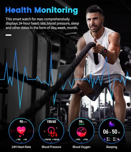 FOXBOX Smart Watch for Men, 1.39" Military Smartwatch with SpO2, Sleep Monitor, 24H Heart Rate, Tactical Fitness Watch, 100+ Sports, IP67 Waterproof, Make/Answer Call, 400 mAh, 300+ Watch Face, Black
