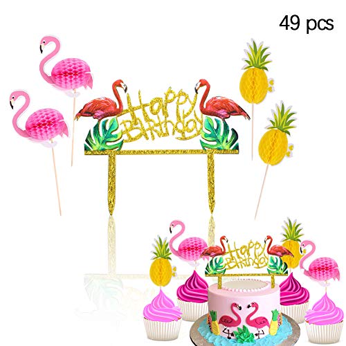 Efivs arts 49 Pieces 3D Flamingo Pineapple cake Cupcakes Toppers Cocktail Picks Party Supplies for Luau Summer Hawaiian Birthday Wedding Beach Party Decoration