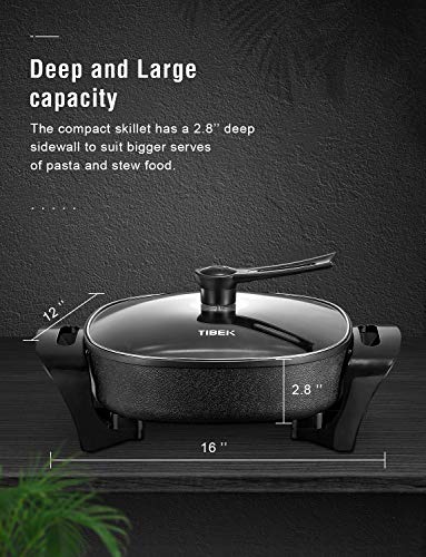 Electric Skillet Non Stick Electric Frying Pan, 12 Inch Electric Deep Skillet with Standing Glass Lid, Heat Resistant Handles and Dishwasher Safe, Tibek