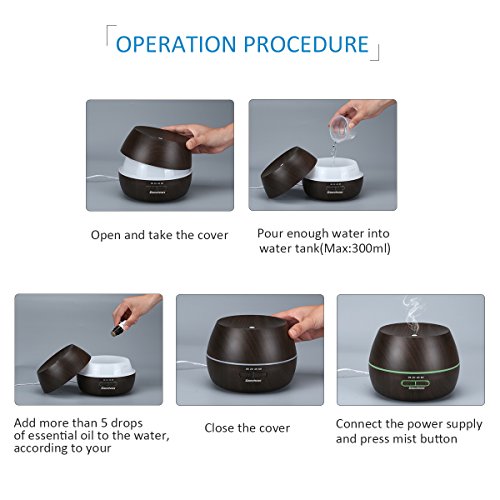 Aroma Oil Diffuser, Excelvan 300ML Essential Ultrasonic Humidifier Air Mist Aromatherapy Purifier with 7 Colors LED Automatically Change, Dark Woodgrain