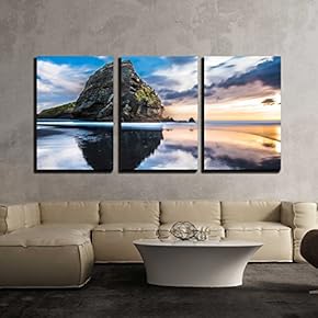 3 Piece Canvas Wall Art - Piha Beach at Sunset Auckland, New Zealand - Modern Home Art Stretched and Framed Ready to Hang - 16"x24"x3 Panels