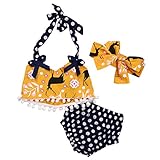 Baby Girls 3pcs Swimwear Bikini Sets Halter Pom Top+Dot Bottom+Bow Headband (0-6months, Yellow&Blue)