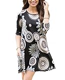 MIROL Women's 3/4 Sleeve Floral Print Swing Shift Casual Tunic Tshirt Dress with Pocket,Grey,10/12