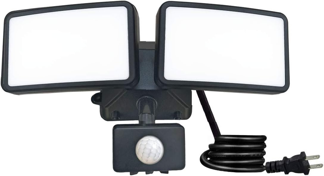 LED Security Light with Motion Sensor, PIR Motion Activated Outdoor Flood Light,LED Garage Light Outside Wall Mounted Pathway Lighting, 5FT Electric Corded with 2 Prongs Plug, IP65 6000K 20W Black