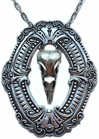 Large Silver Filigree Framed Raven Skull Necklace