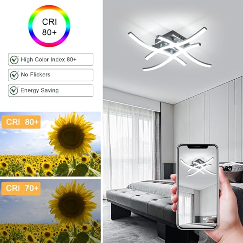 Dorlink LED Ceiling Lights, Modern Dimmable Light with Remote Control, Elegant Curved Design Chandelier 4 Built-in Boards, 28W 2350LM Silver Chrome Lighting for Living Room, Bedroom