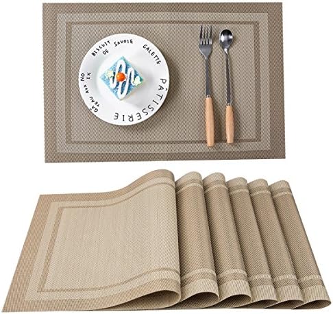 Azorcol PVC Place Mats,Heat-resistant Placemats Stain Resistant Anti-skid Washable PVC Table Mats Woven Vinyl Placemats for Dining Table, Set of 6 (Gold)