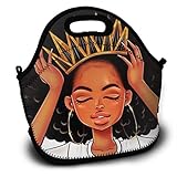 SARA NELL Neoprene Afro Queen Lunch Bag African American Women Girl with Crown Afro Girl Lunch Tote Travel Picnic Lunch Backpack Lunchbox with Adjustable Shoulder Strap for Women Teens Girls Kids