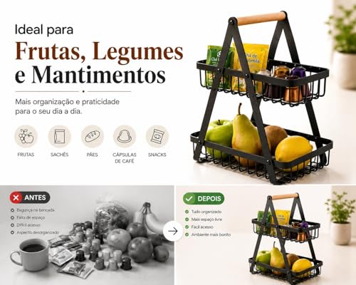 Fruteira Cesto de Mesa 2 Andares em Metal Preto com Alça de Madeira – Organizador de Frutas, Legumes e Mantimentos para Cozinha
