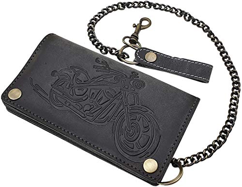 myledershop Buffalo Full Leather Biker Wallet with Metal Chain and Removable Card case with Motorcycle Motif with RFID & NFC Blocking (Grey)