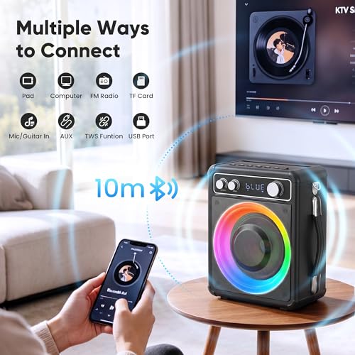 VOSOCO Karaoke Machine with 2 Wireless Microphones, Portable Bluetooth Speaker for Adults Kids, PA Systems Support TWS Echo Adjust TF USB AUX for Home Party Outdoor Travel