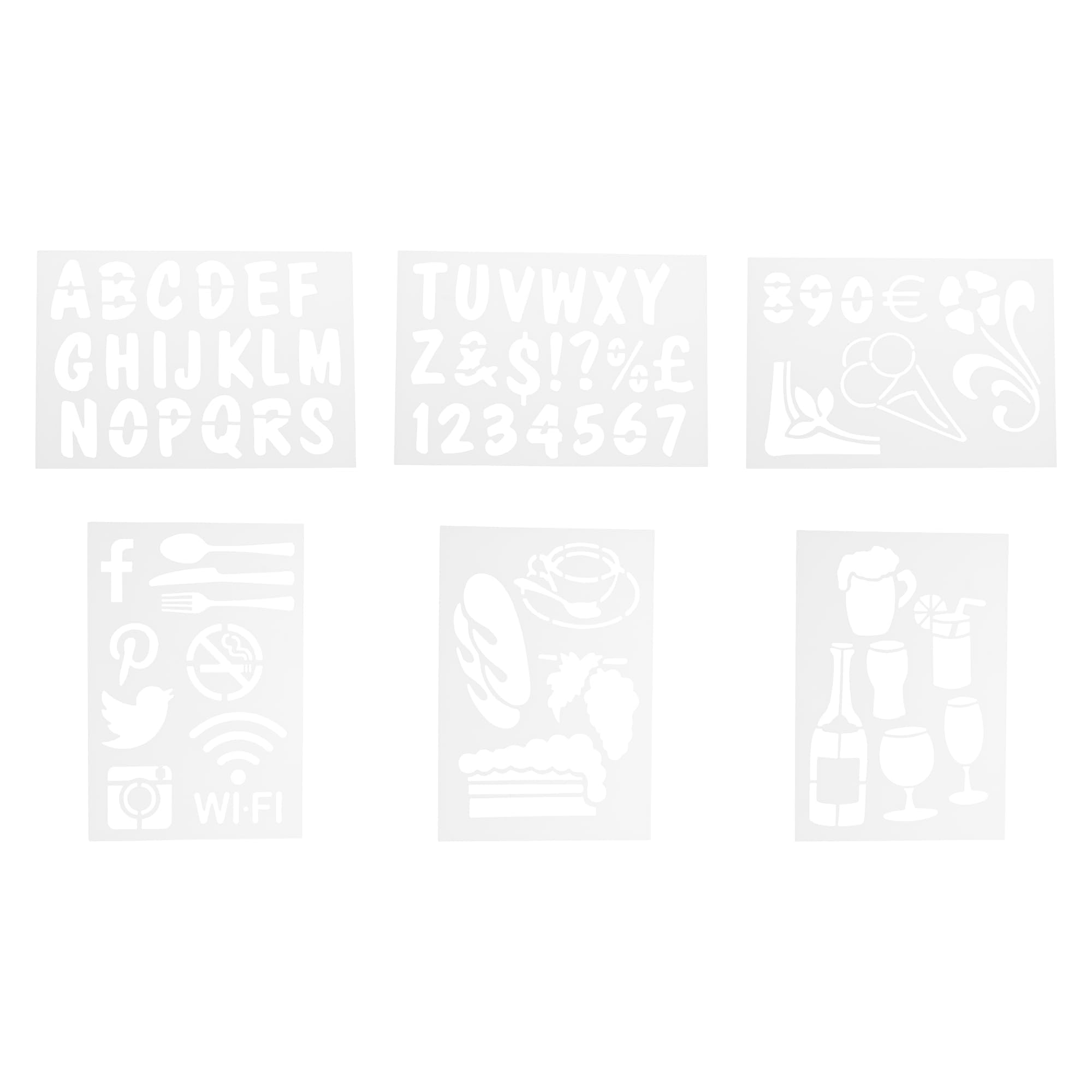 Securit Liquid Chalkmarker Pen Stencil Set for Display Signage - 6-Piece Set, Transparent Stencil Set for Blackboards in Cafe or Restaurants, Assorted Shapes & Letters Stencil Set, Craft Supplies