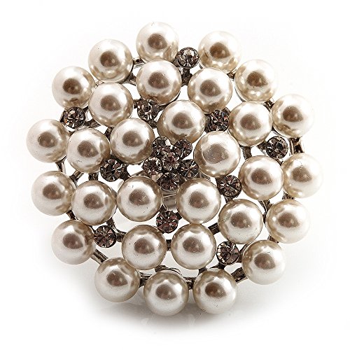Oversized White Imitation Pearl Diamante Cocktail Ring (Silver Tone Metal) - 4.5cm Diameter