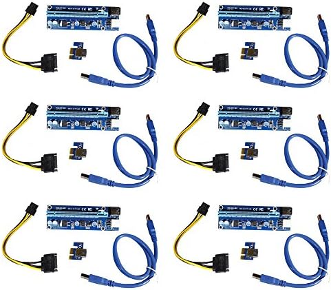 MinerParts 6-Pack PCIe Powered Riser Adapter Card - USB 3.0 PCIe 1x to 16x Extender Card - 6-Pin PCI-E to SATA Power Cable - Blue Version 7