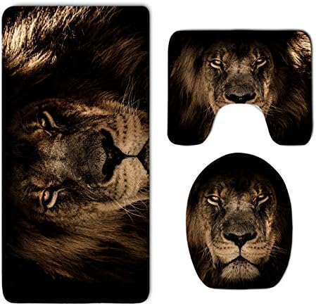 Bathroom Rug Mat Set 3 Pc - Memory Foam Bathroom Rug Carpet–Water Absorbent U-Shaped Bath Mats and Lid Cover - Non Slip, Tub Shower Fast Dry African Lion Mane Close Eyes Rug