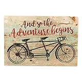 The Adventure Begins Distressed Green with Tandem Bicycle 5 x 7 Small Wood Plank Design Plaque Sign