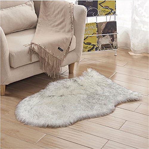 2.5x4 Feet Faux Sheepskin Rug Carpet Shaped Sheepskin Rugs-Excellent Quality Faux Fur Rug - Used As an Area Rug Or Across Your Armchair(White with Grey)