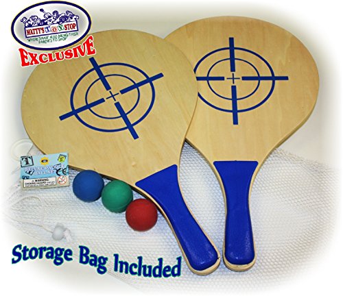 Matty's Toy Stop Deluxe Wooden Paddle Ball Game Set with 3 Solid Rubber Balls & Mesh Storage Bag