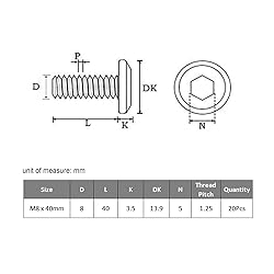VGBUY M8-1.25 x 40 mm 20pcs Flat Head Hex Socket