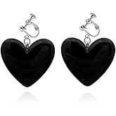 Pink Clip On Earrings for Women Love Heart Non Pierced Dangle Earrings (Black)