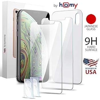 Homy Premium Screen Protector Kit for iPhone Xs Max 6.5 inch Case Friendly Full Protection: 2X Front UHD Japanese Tempered Glass + 1X Back Glass + 2X Camera Lens Cover, 9H Hardness, Anti-Fingerprint
