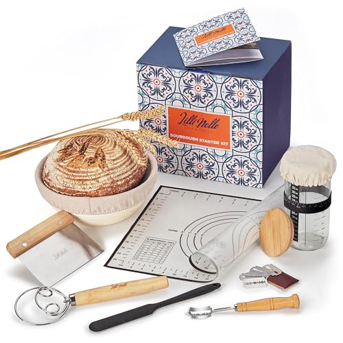 Sourdough Starter Kit all-in-one 18PCS, Premium Sourdough Bread Baking Supplies, Banneton Bread Proofing Basket Round 9in Hand-made, Sourdough Starter Jar 22OZ, Baking Gift Set, Italian Design