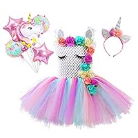 Girls Pastel Unicorn Tutu Dress Unicorn Themed Birthday Party Outfit with Unicorn Baloon Bouquet,Flower Headband (L 6-7years)