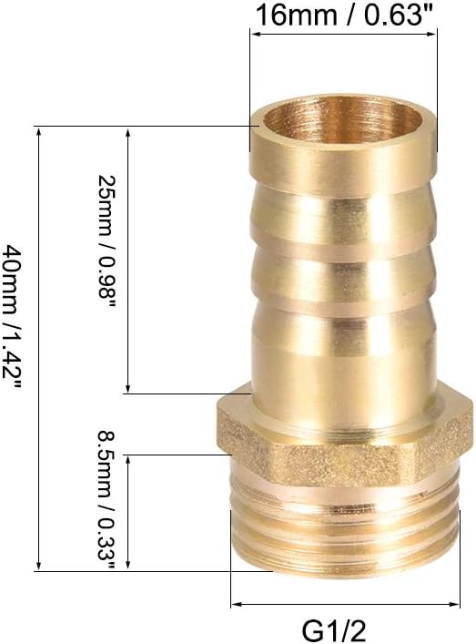 sourcing map Brass Hose Barb Fitting,Connector,16mm Barb x G1/2 Male Pipe Adapter,5pcs, Gold, 16mm x G1/2 - Image 3