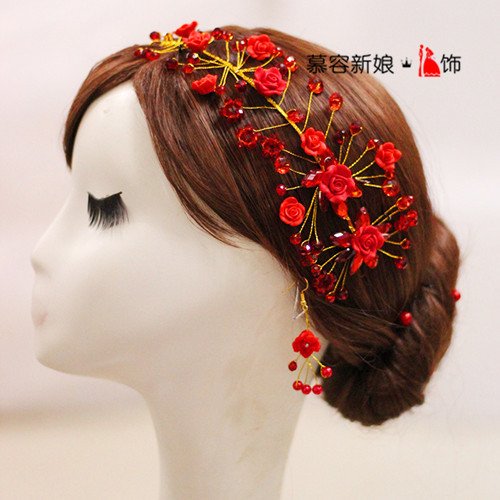 Murong bridal headdress head flower hair accessories elegant Aggreko red beaded flowers wedding dress with jewelry