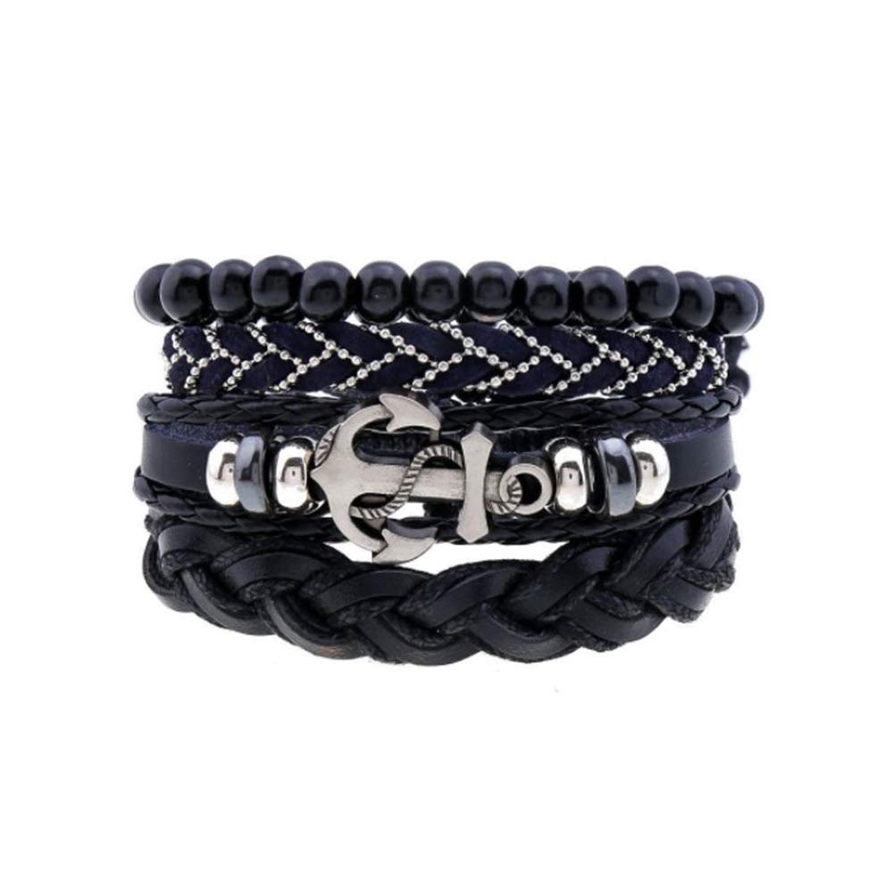 MiniJewelry Anchor Black Braided Leather Wrap Bracelet for Men Women Adjustable 4PCs