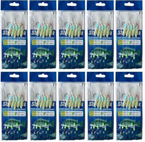 KT Tackle 10 Pack Sea Fishing Sabiki Rig Traces With Glow in the Dark 1/0 Hooks for Mackerel, Cod, Pollock - Boat Feathers