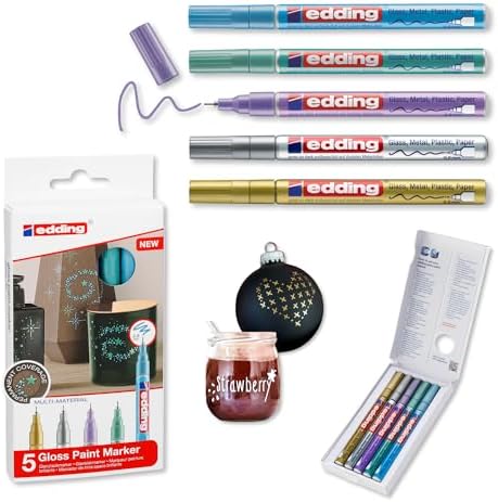 780 Marcador de tinta opaca brilhante - Ouro, Prata, Azul, Verde, Violeta (Metálico) - 5 Marcadores - Ponta Extra Fina 0,8 mm - Para Vidro, Pedras, Madeira, Plástico, Papel - Cor Permanente