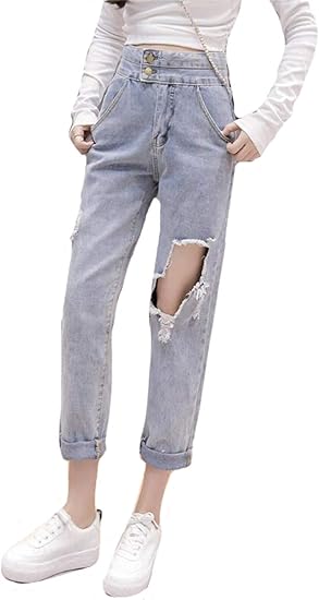 Amazon Piite レディース ジーンズ ダメージ加工 春夏 ゆったりパンツ ハイウエスト スリム フリル 九分丈 ズボン カジュアル 通気 薄手 デニム おしゃれ ジーンズ ストリート系 原宿風 ジーンズ 通販