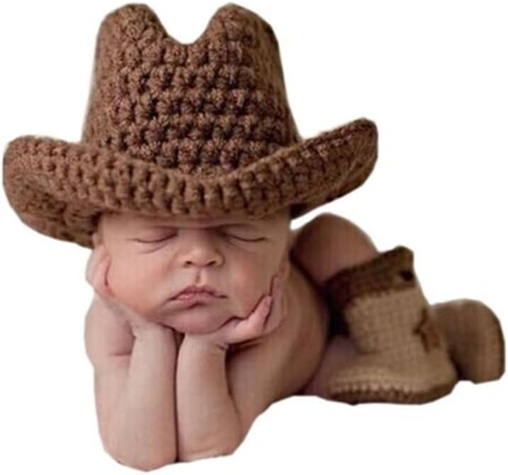 Dalai Newborn Baby Photo Prop Crochet Knitted Costume Cowboy Hat Boots Coffee