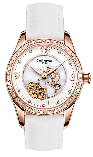 Women's Watches Automatic Mechanical Full Steel Or Leather Strap Butterfly Skeleton Waterproof Watches (White)