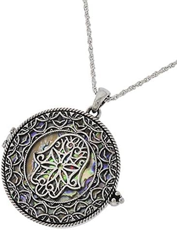 Hamsa Magnifying Glass Necklace Z6 Hand Abalone Burnish Silver Tone